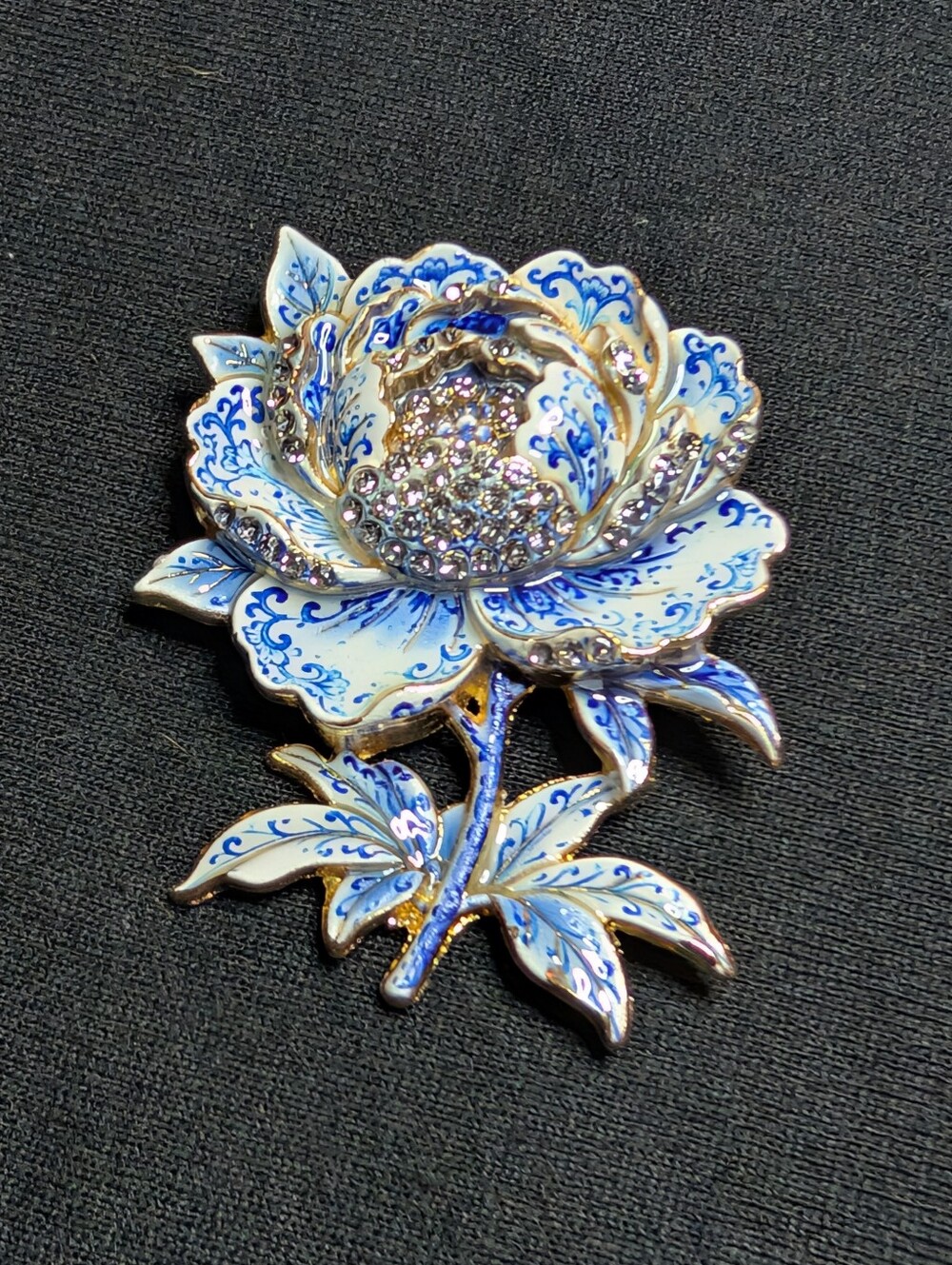 Blue and White Floral Crystal Brooch - Women's Jewelry